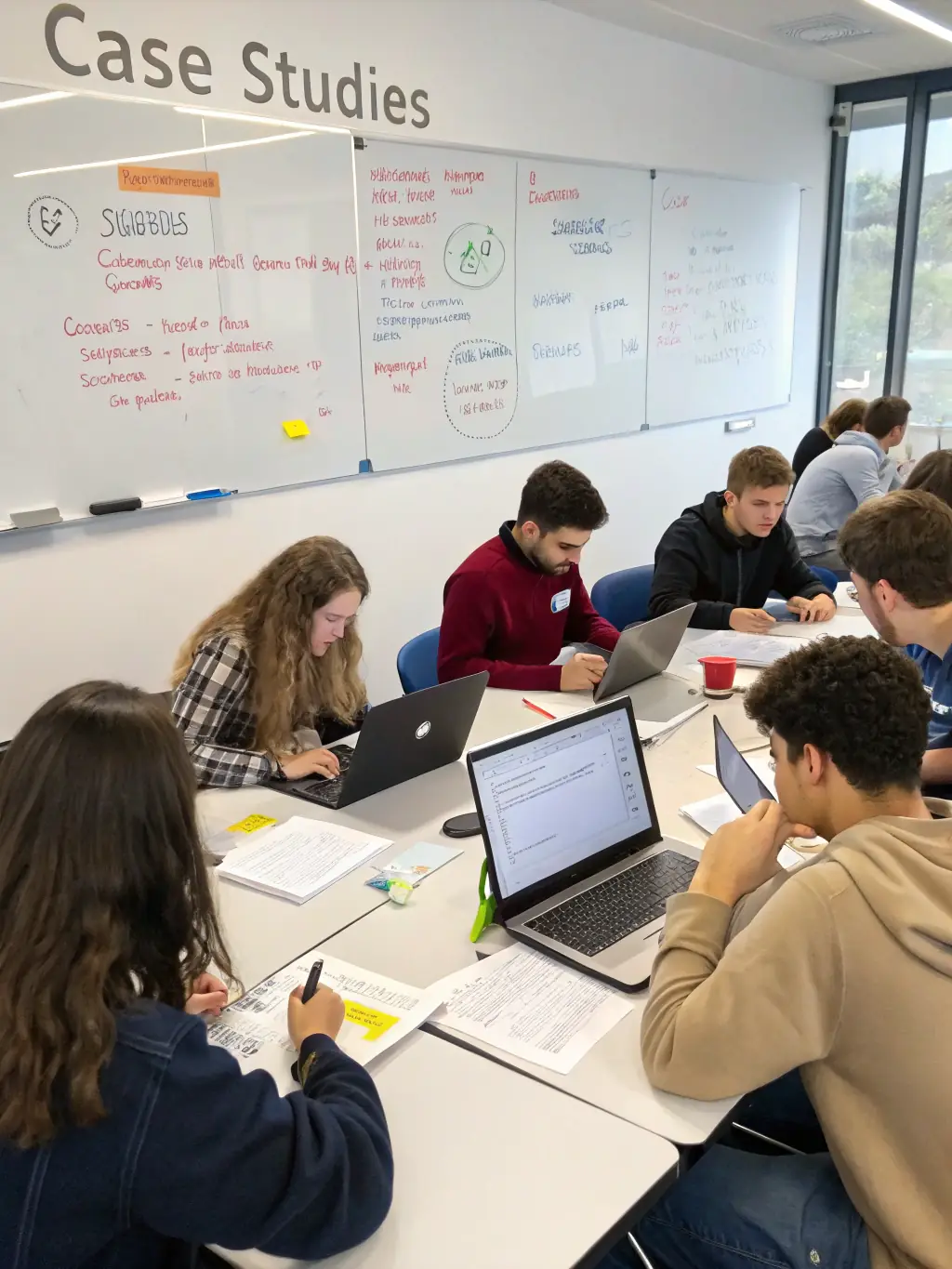 A diverse group of students collaborating on a cybersecurity project, highlighting teamwork and practical application.