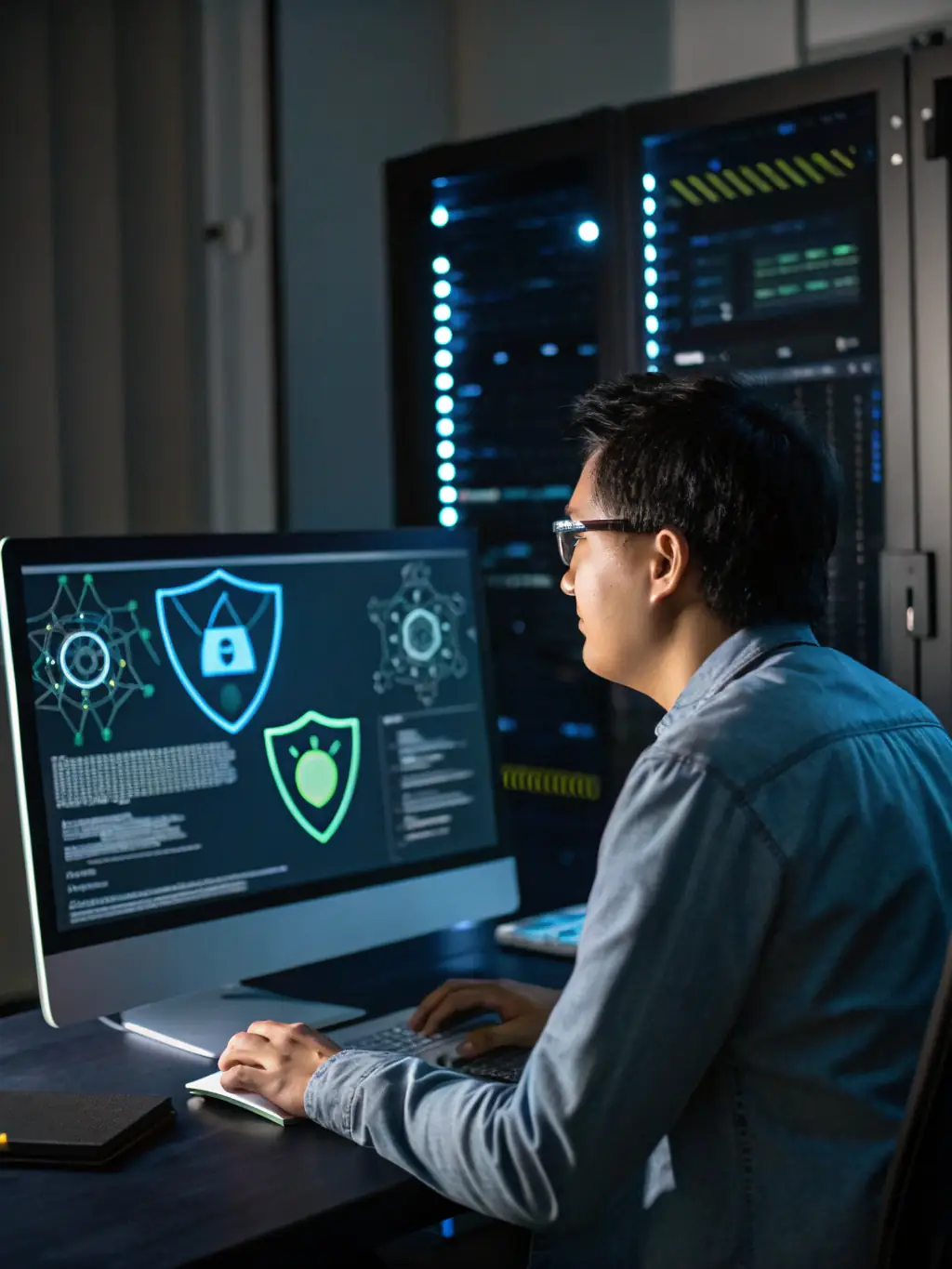 A person analyzing data on multiple monitors, highlighting the importance of data security and analysis in cybersecurity.