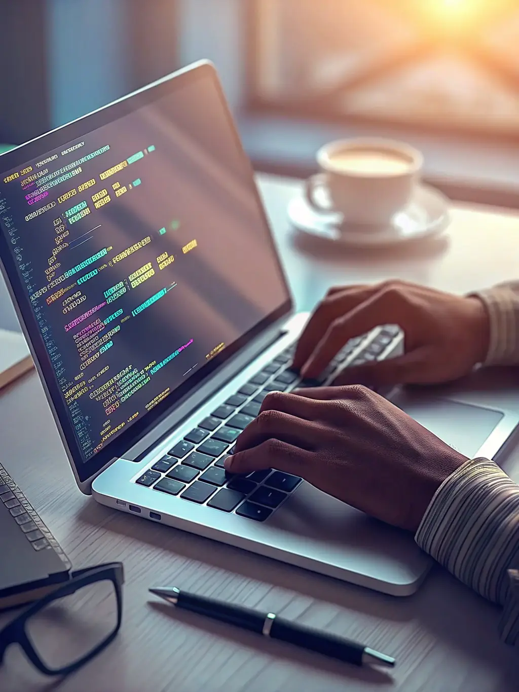 A close-up shot of a hacker's hands typing rapidly on a keyboard, lines of code visible on the screen, symbolizing ethical hacking.