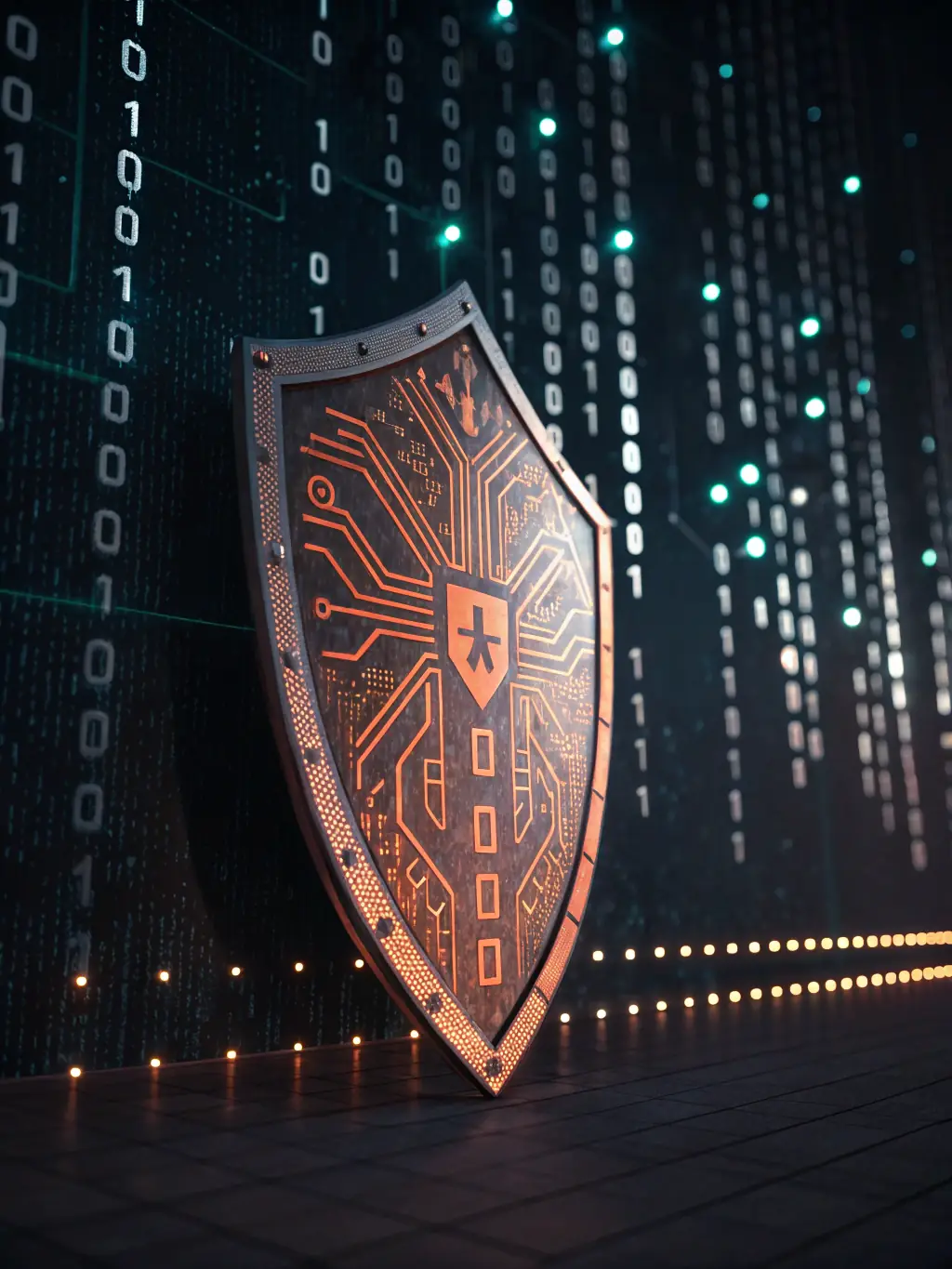 A digital shield icon with binary code flowing around it, representing cyber defense strategies.
