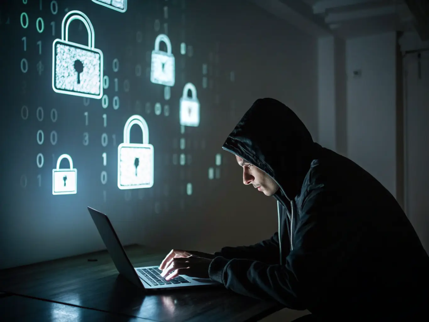 A focused image of a person working at a computer, surrounded by lines of code and security icons, symbolizing ethical hacking training.