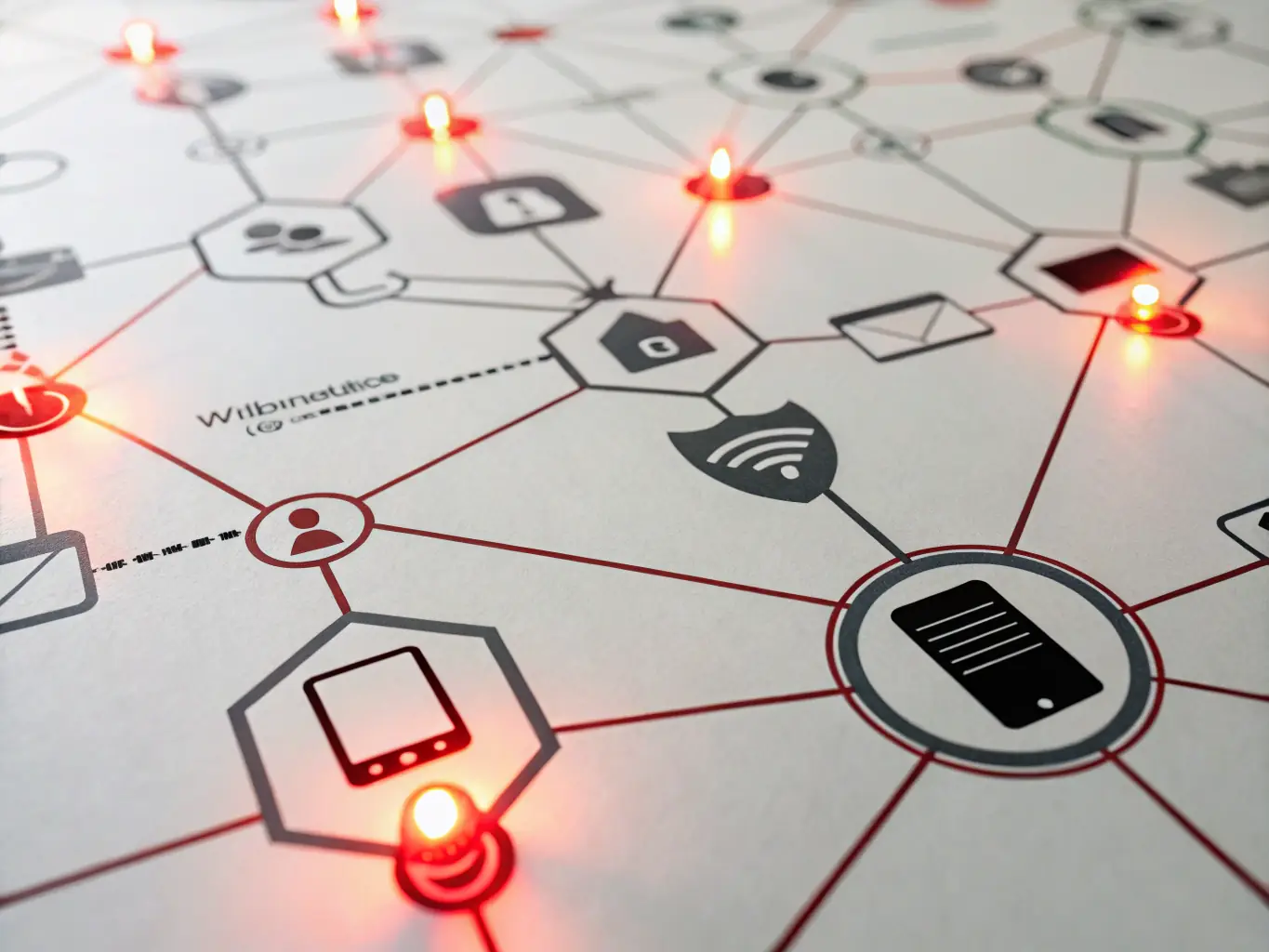 An image depicting a secure network with interconnected nodes, representing network security principles and practices.